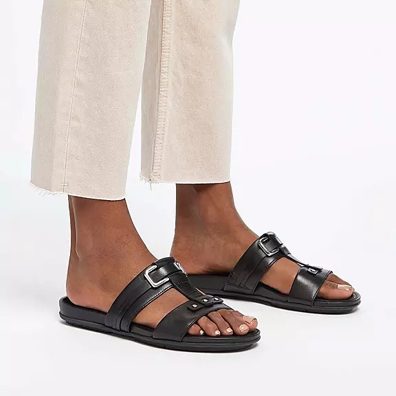 Ciabatte Donna FitFlop GRACIE Stud-Fibbia Pelle Nere | 47956152