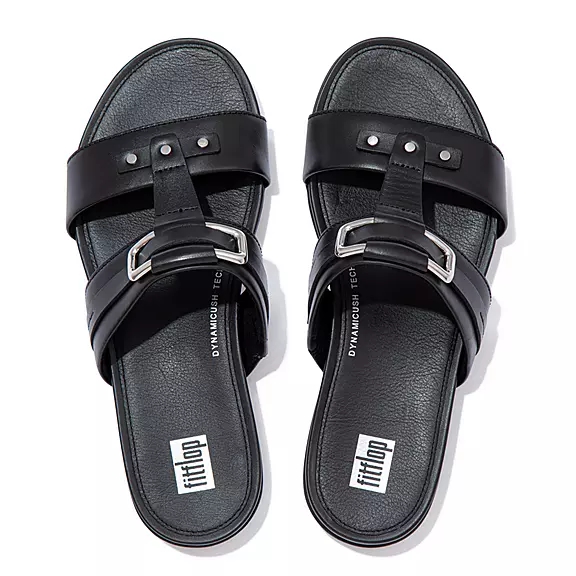 Ciabatte Donna FitFlop GRACIE Stud-Fibbia Pelle Nere | 47956152