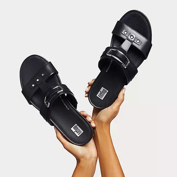 Ciabatte Donna FitFlop GRACIE Stud-Fibbia Pelle Nere | 47956152